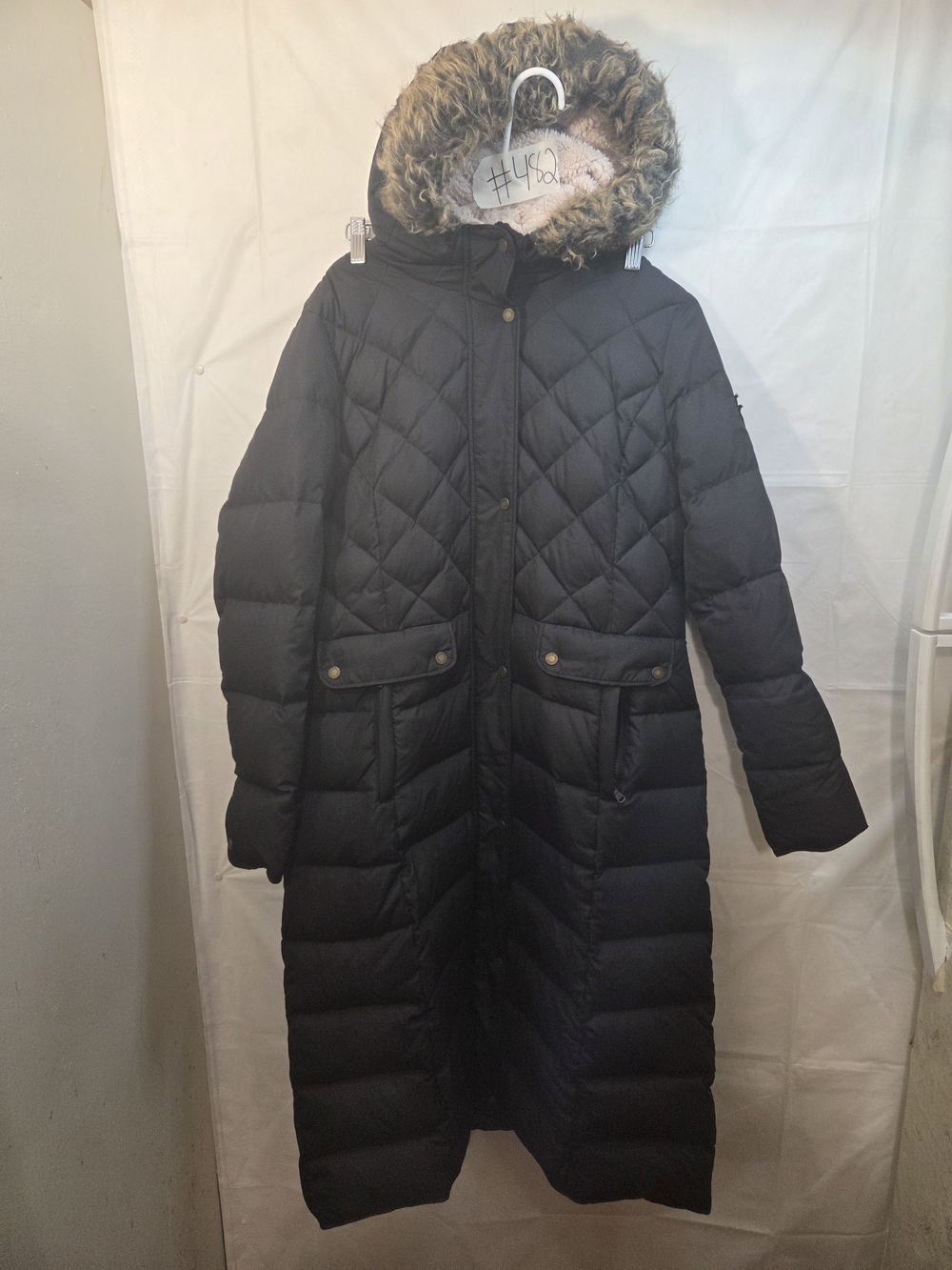 Lauren Ralph Lauren Black Long Quilted Puffer Coat with Faux Fur Hood